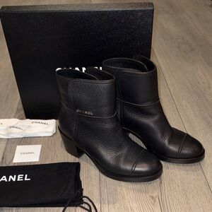 CHANEL Black Leather Ankle Boots